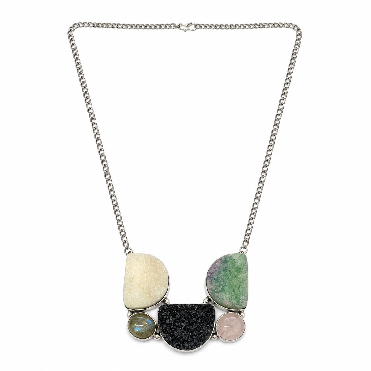Natural Gemstone Statement Necklace with Labradorite, Rose Quartz, Druzy NEC-4777