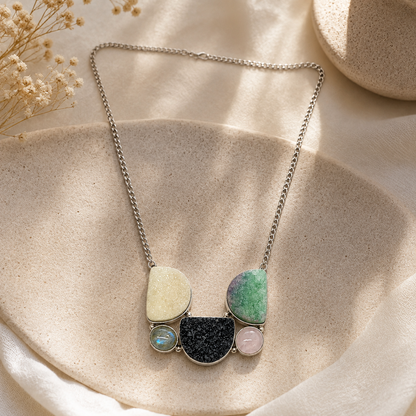 Natural Gemstone Statement Necklace with Labradorite, Rose Quartz, Druzy NEC-4777