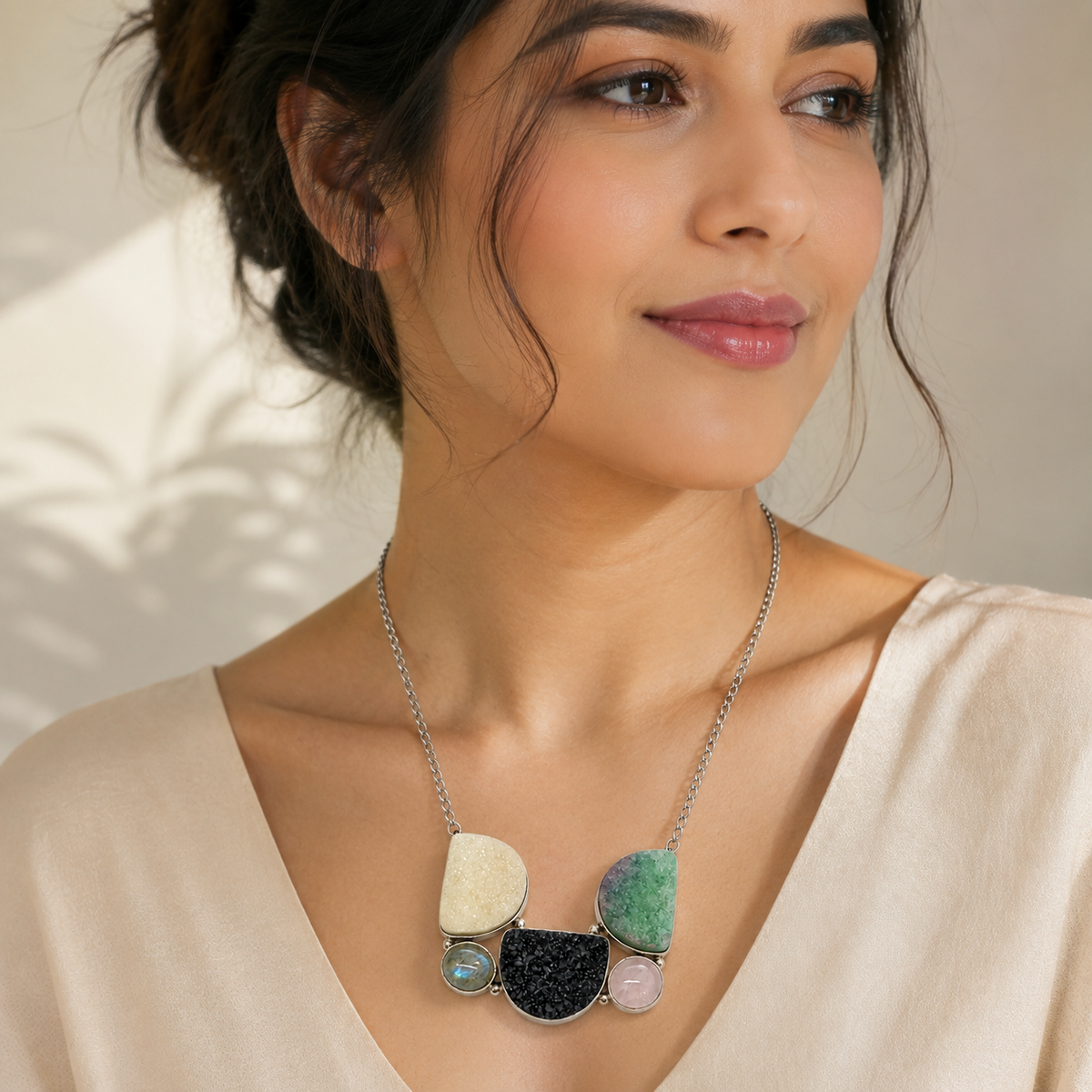 Natural Gemstone Statement Necklace with Labradorite, Rose Quartz, Druzy NEC-4777
