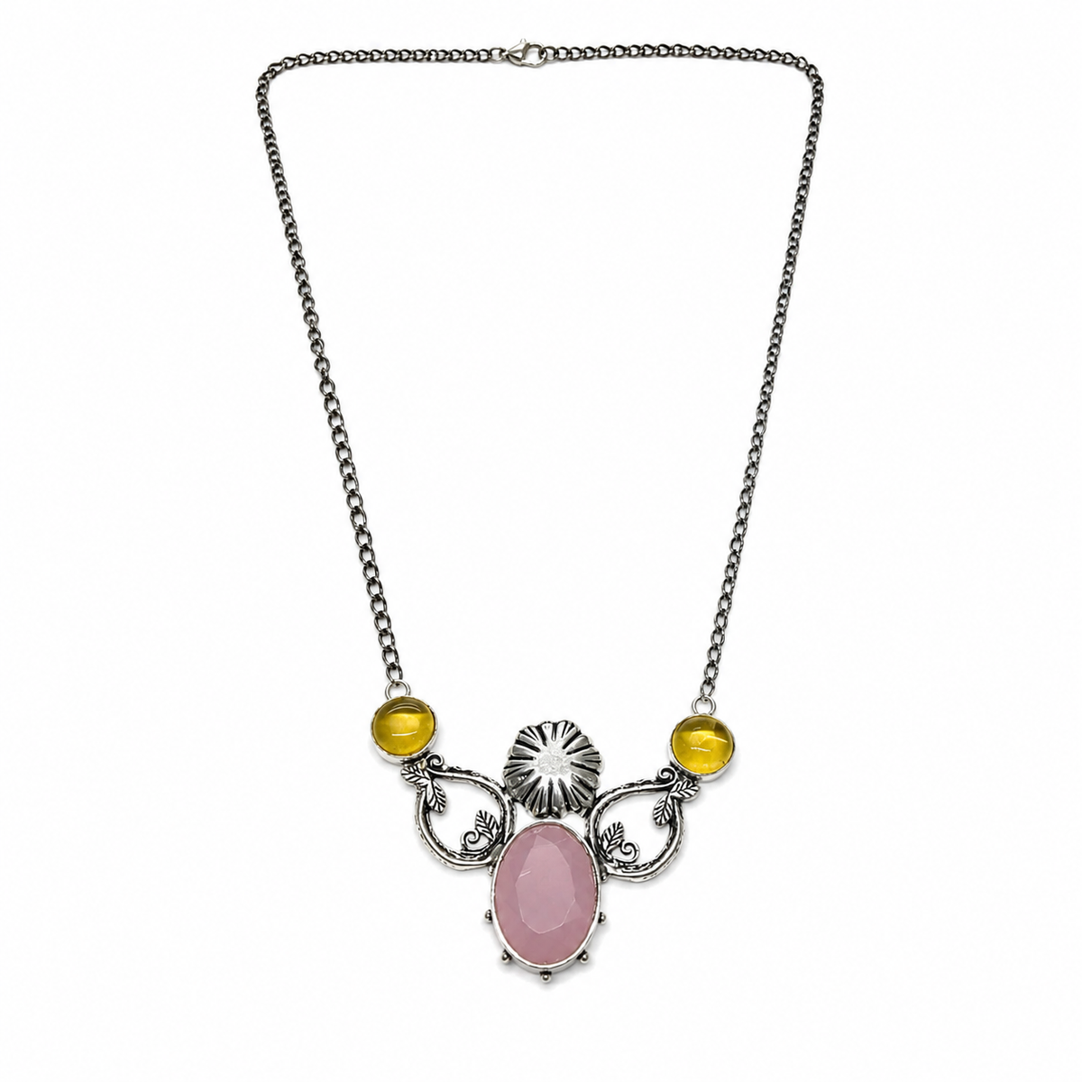 Handmade Artisan Silver Necklace with Rose Quartz and Yellow Stone NEC-4780