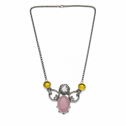 Handmade Artisan Silver Necklace with Rose Quartz and Yellow Stone NEC-4780