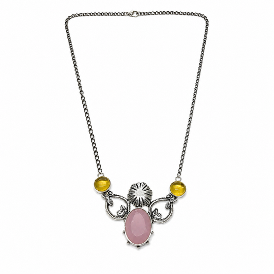 Handmade Artisan Silver Necklace with Rose Quartz and Yellow Stone NEC-4780