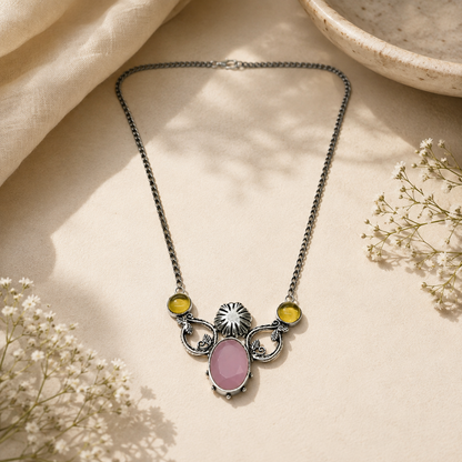 Handmade Artisan Silver Necklace with Rose Quartz and Yellow Stone NEC-4780