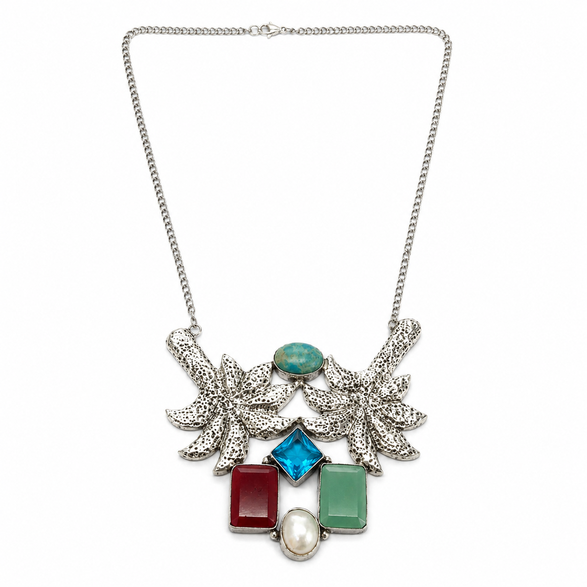 Boho Silver Necklace with Turquoise, Red Garnet, Aventurine and Pearl Gem NEC-4781