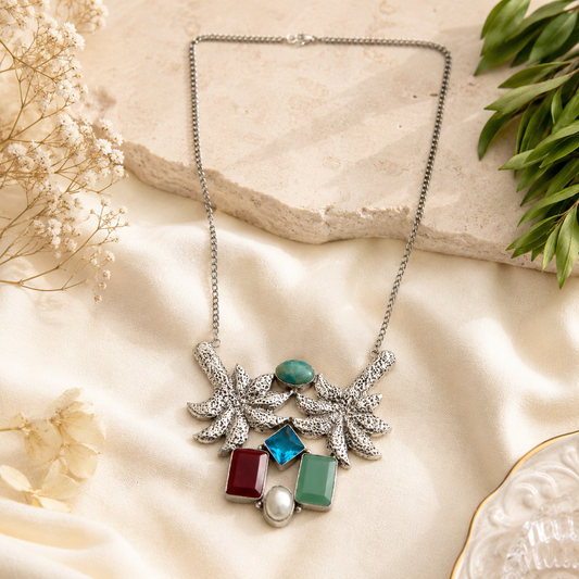 Boho Silver Necklace with Turquoise, Red Garnet, Aventurine and Pearl Gem NEC-4781