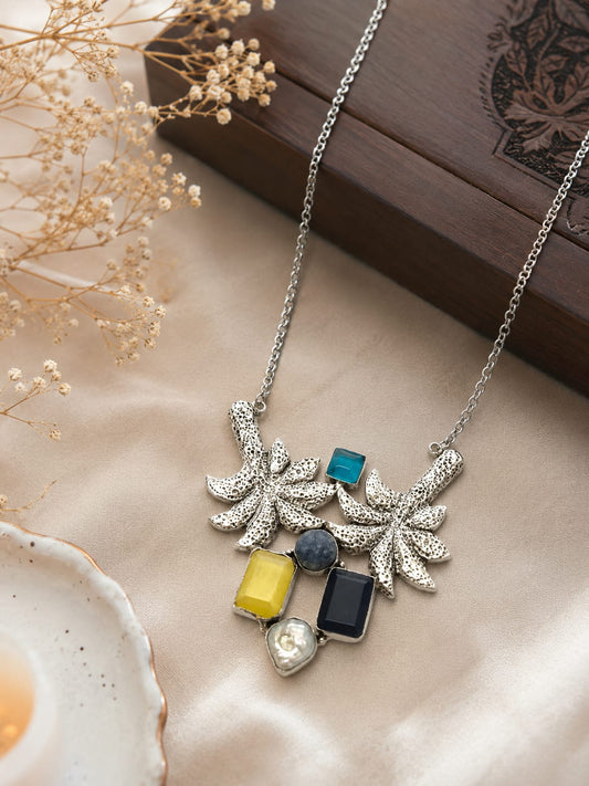 Palm Tree Silver Plated Oxidized Multi Pendant Necklace Gemstone Jewelry NEC-4782