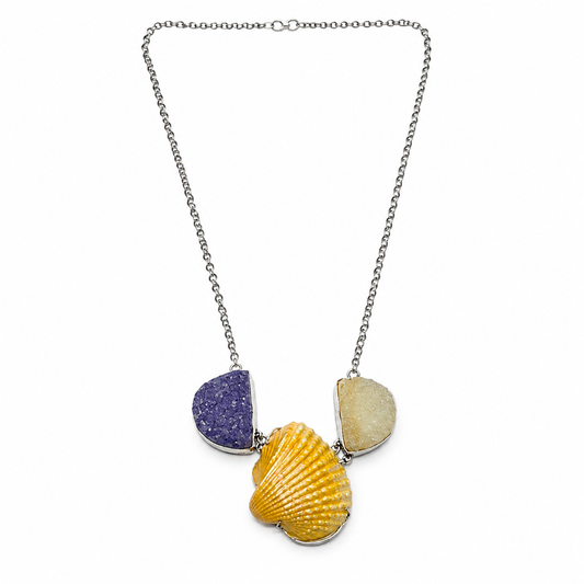 Silver Necklace Golden Shell Purple Druzy Multigemstone Statement Pendant NEC-4783
