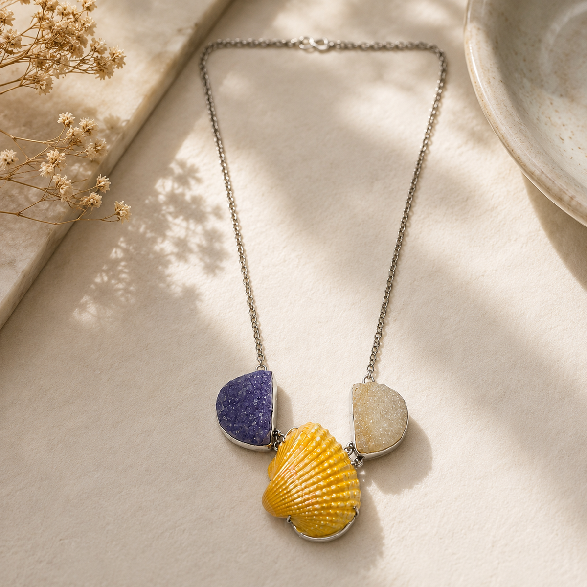 Silver Necklace Golden Shell Purple Druzy Multigemstone Statement Pendant NEC-4783