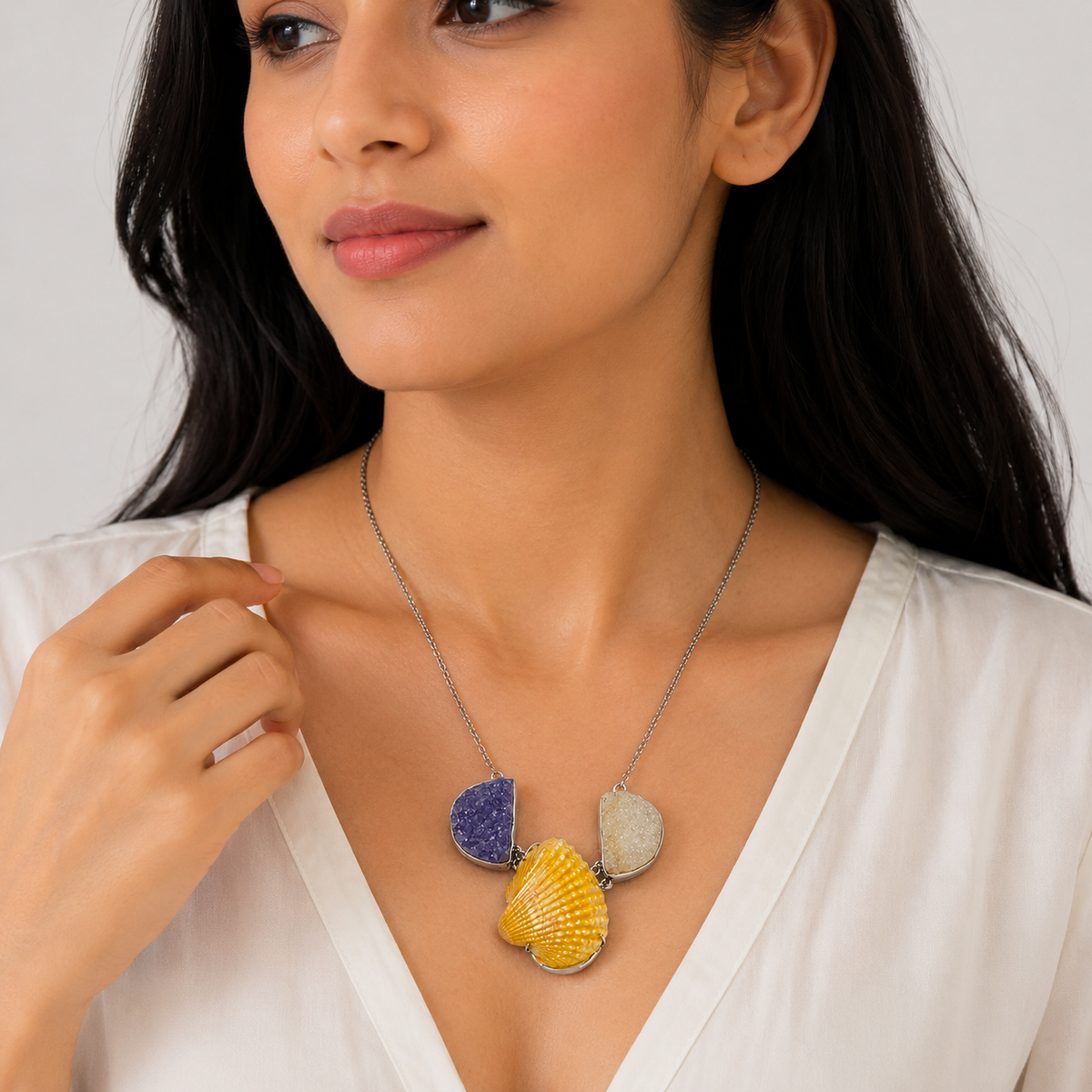 Silver Necklace Golden Shell Purple Druzy Multigemstone Statement Pendant NEC-4783