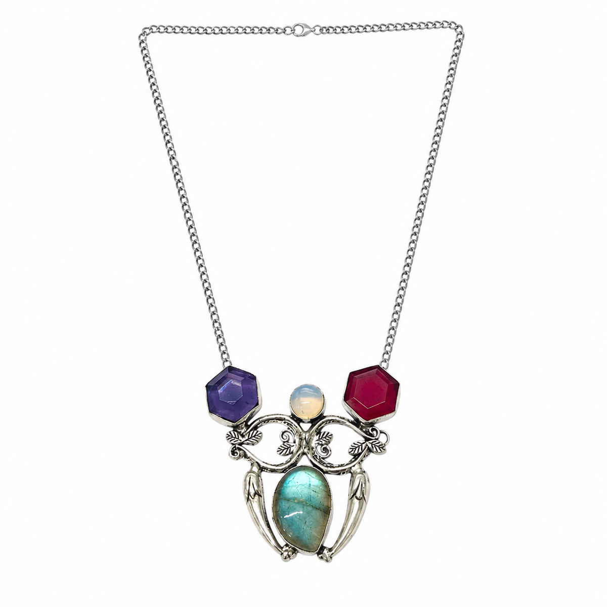 Handcrafted Silver Gemstone Necklace for Women with Labradorite & Purple NEC-4784