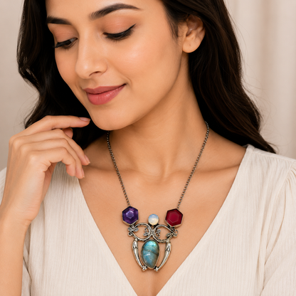 Handcrafted Silver Gemstone Necklace for Women with Labradorite & Purple NEC-4784