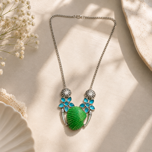 Natural Green Shell & Turquoise Floral Statement Necklace NEC-4785