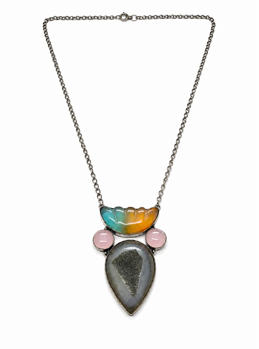 Handcrafted Silver Plated Drusy With Carved Statement Necklace Pendant NEC-4788