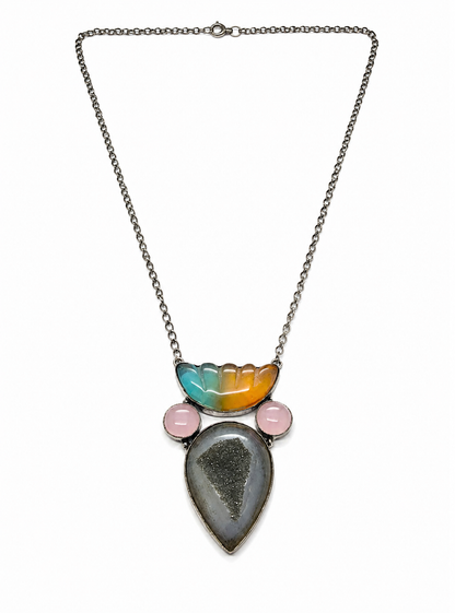 Handcrafted Silver Plated Drusy With Carved Statement Necklace Pendant NEC-4788