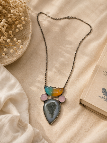 Handcrafted Silver Plated Drusy With Carved Statement Necklace Pendant NEC-4788