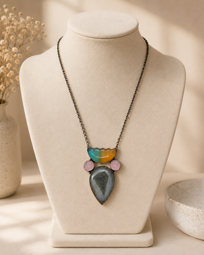 Handcrafted Silver Plated Drusy With Carved Statement Necklace Pendant NEC-4788