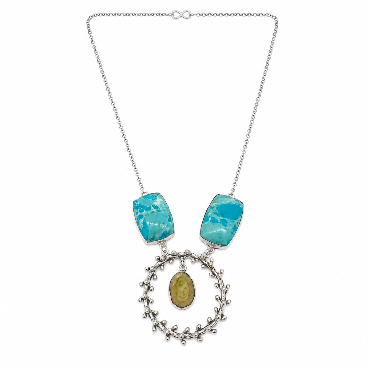 Silver Turquoise Gemstone Floral Wreath Pendant Boho Necklace NEC-4789