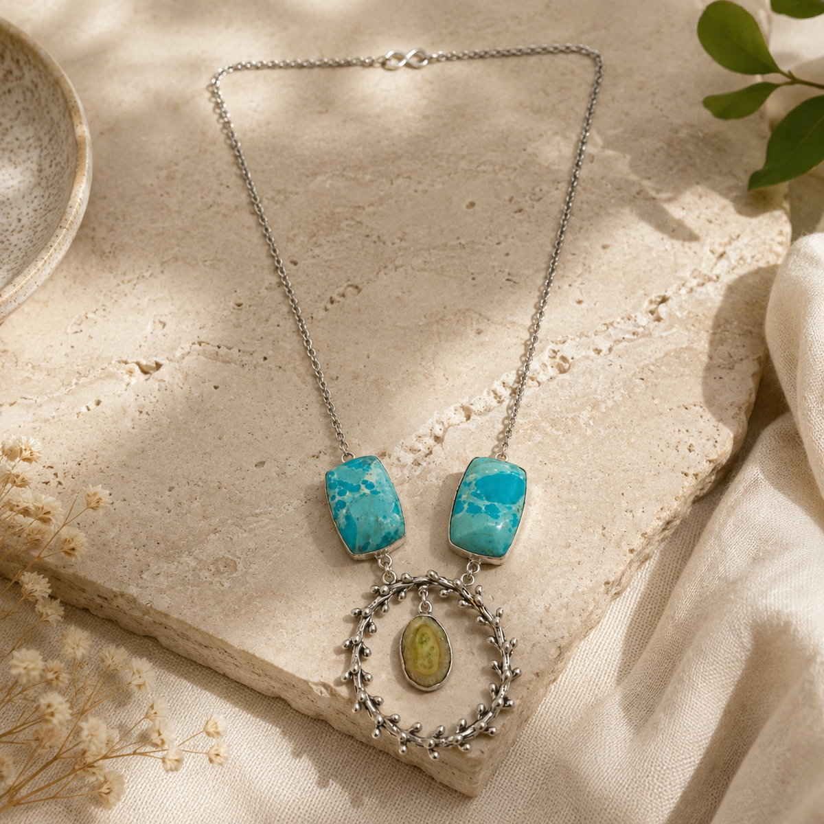 Silver Turquoise Gemstone Floral Wreath Pendant Boho Necklace NEC-4789