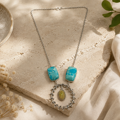 Silver Turquoise Gemstone Floral Wreath Pendant Boho Necklace NEC-4789