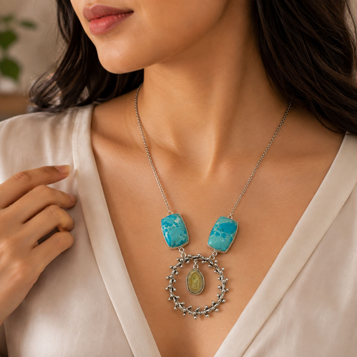 Silver Turquoise Gemstone Floral Wreath Pendant Boho Necklace NEC-4789