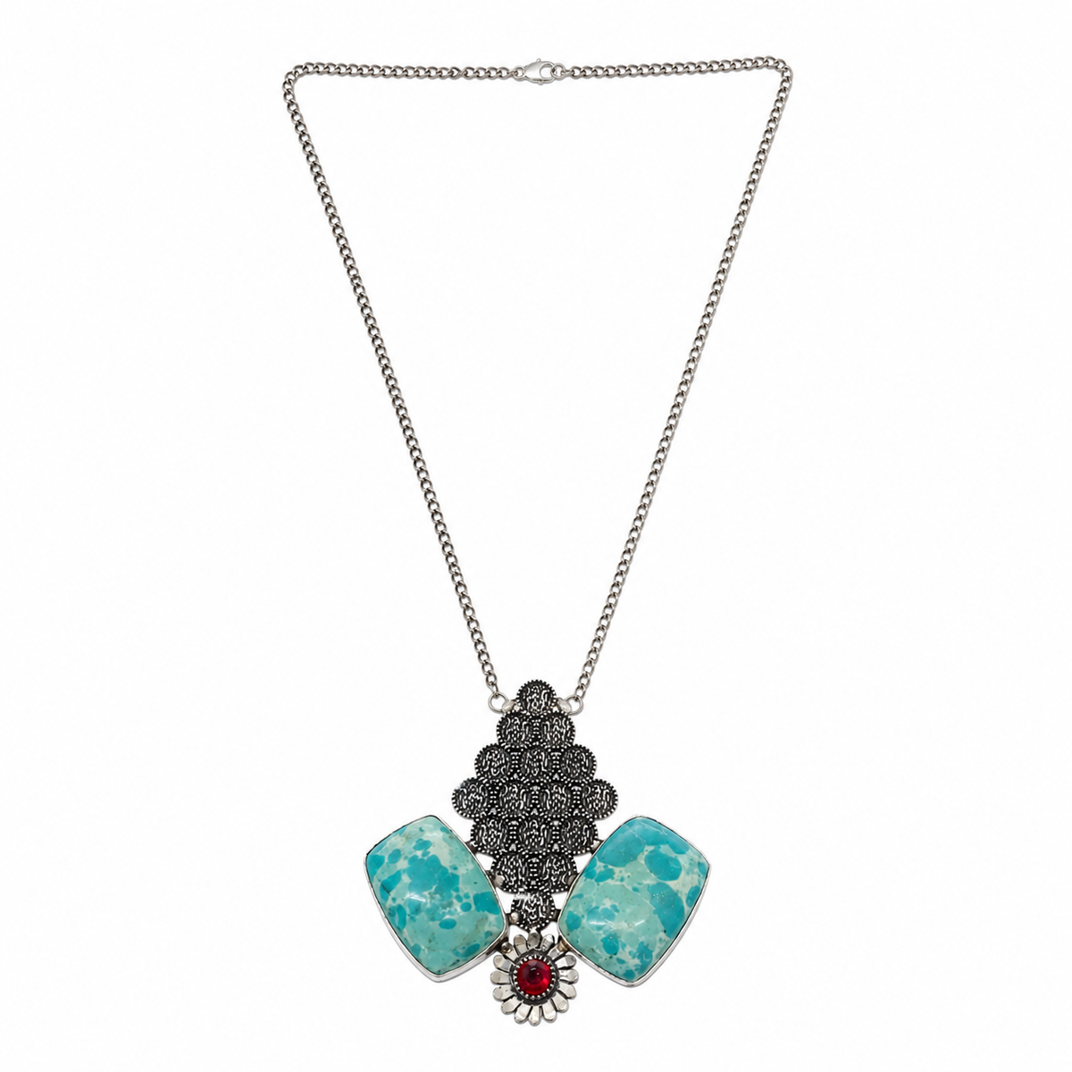 Women's Silver Statement Necklace with Turquoise Stones & Red Gemstone NEC-4791