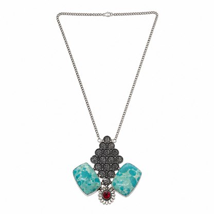Women's Silver Statement Necklace with Turquoise Stones & Red Gemstone NEC-4791