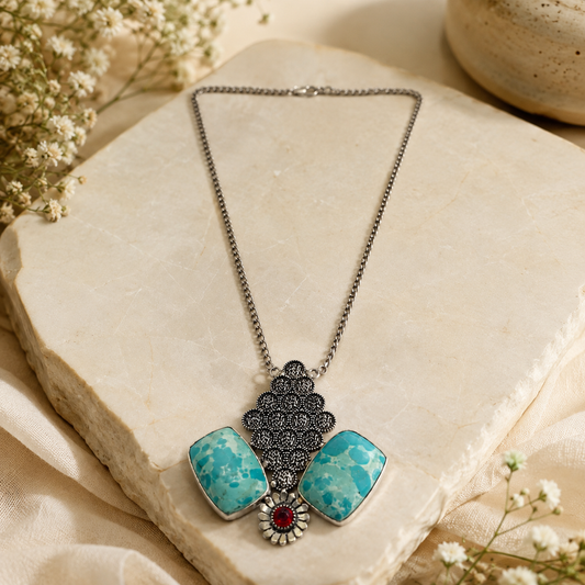 Women's Silver Statement Necklace with Turquoise Stones & Red Gemstone NEC-4791