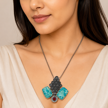 Women's Silver Statement Necklace with Turquoise Stones & Red Gemstone NEC-4791