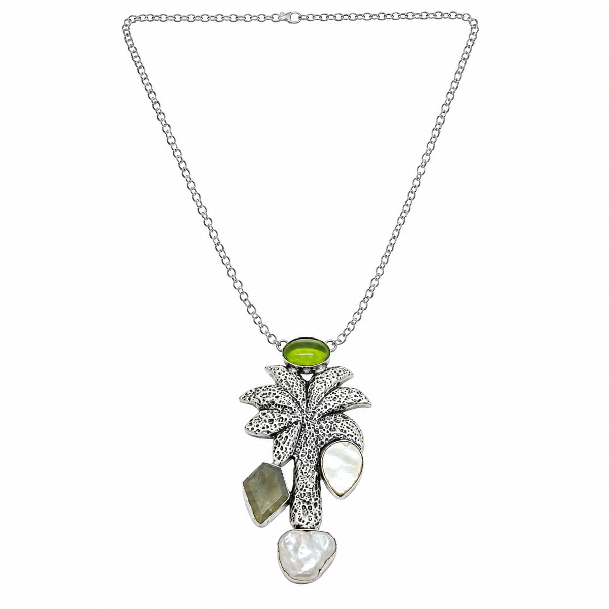 Elegant Silver Palm Pendant Necklace with Green & Pearl Accents NEC-4792
