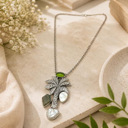 Elegant Silver Palm Pendant Necklace with Green & Pearl Accents NEC-4792