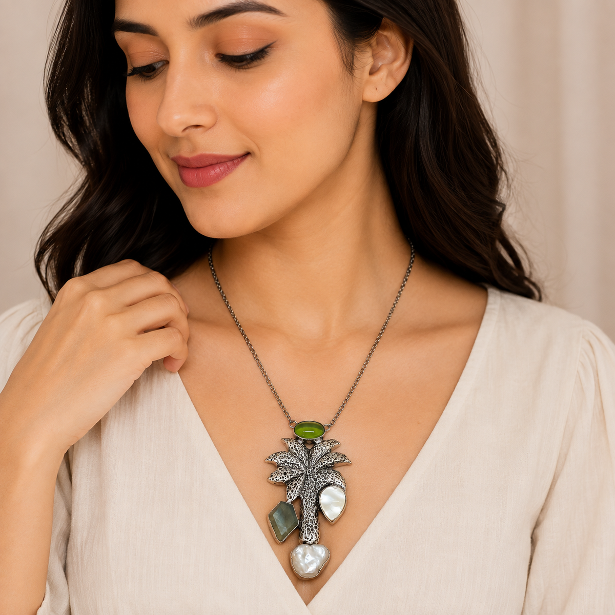 Elegant Silver Palm Pendant Necklace with Green & Pearl Accents NEC-4792