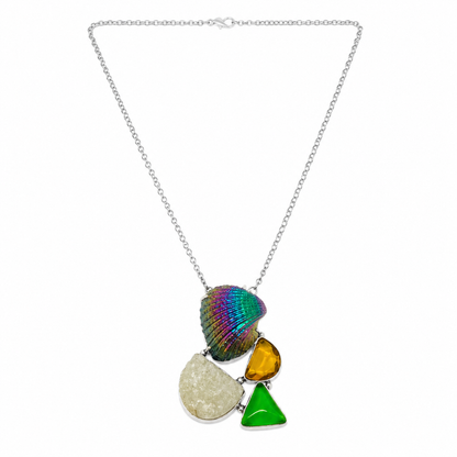Natural Multicolor Shell & Green Druzy Statement Necklace NEC-4793