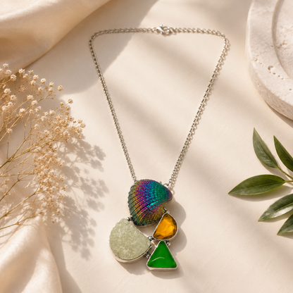 Natural Multicolor Shell & Green Druzy Statement Necklace NEC-4793