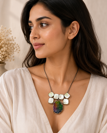 Handmade Silver Plated Mother Of Pearl Statement Necklace Pendant NEC-4794