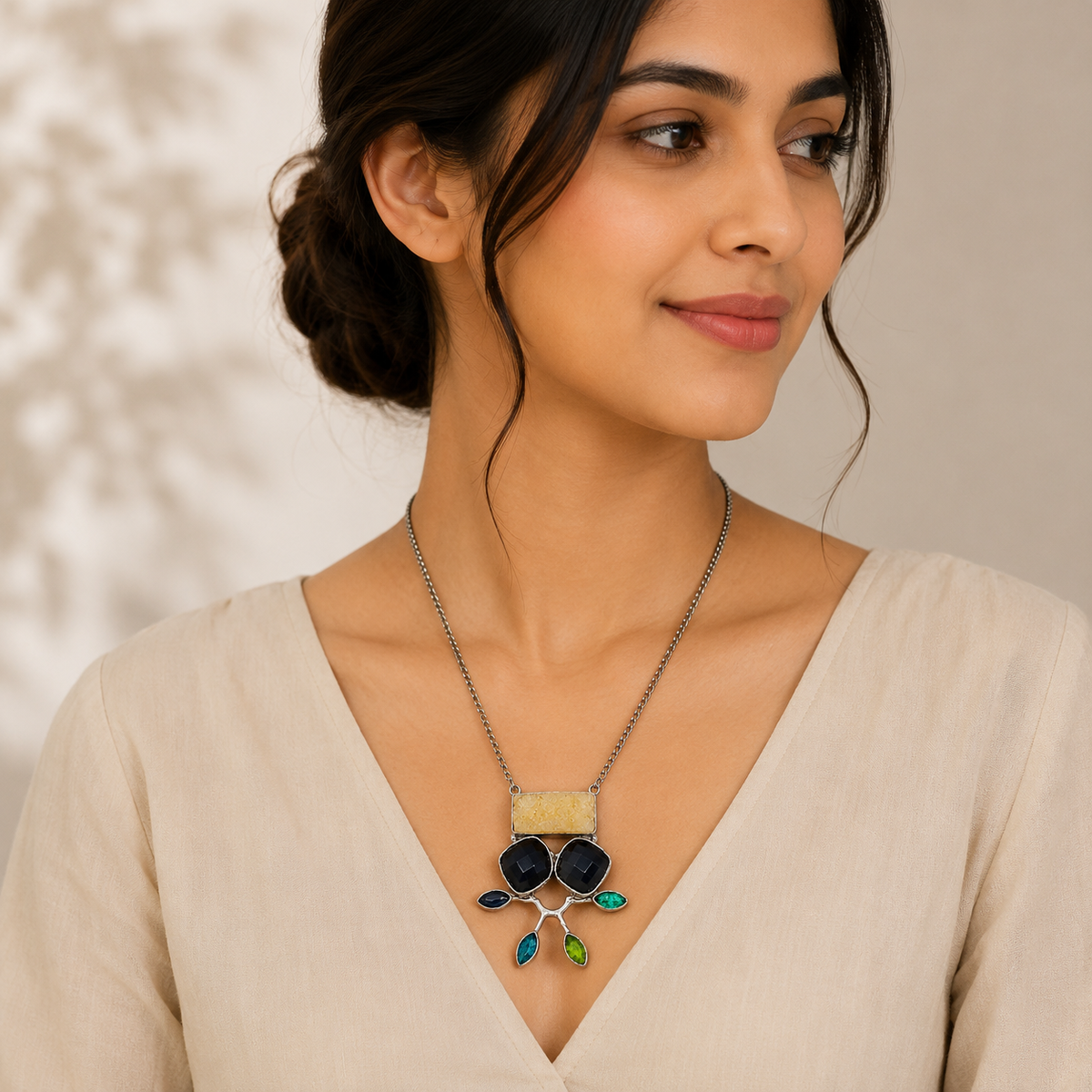 Black Onyx & Citrine Statement Necklace with Colorful Gemstone Accents NEC-4796