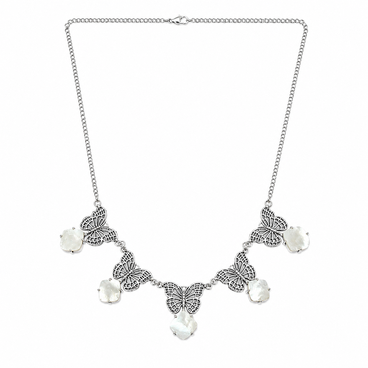 Antique Silver Butterfly & Mother of Pearl Statement Necklace NEC-4797
