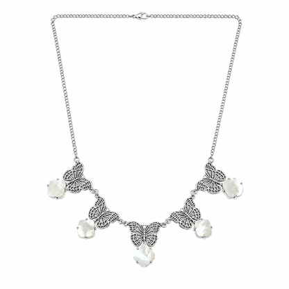 Antique Silver Butterfly & Mother of Pearl Statement Necklace NEC-4797