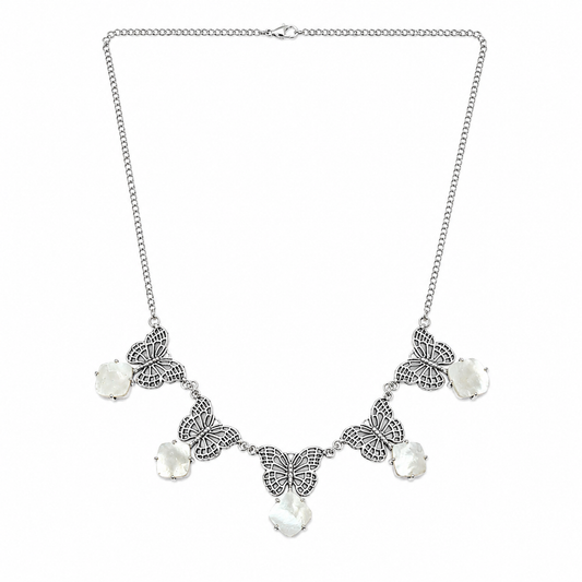Antique Silver Butterfly & Mother of Pearl Statement Necklace NEC-4797