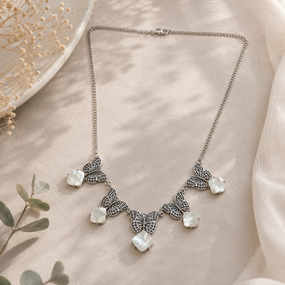 Antique Silver Butterfly & Mother of Pearl Statement Necklace NEC-4797
