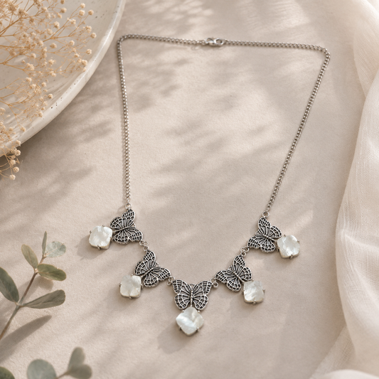 Antique Silver Butterfly & Mother of Pearl Statement Necklace NEC-4797