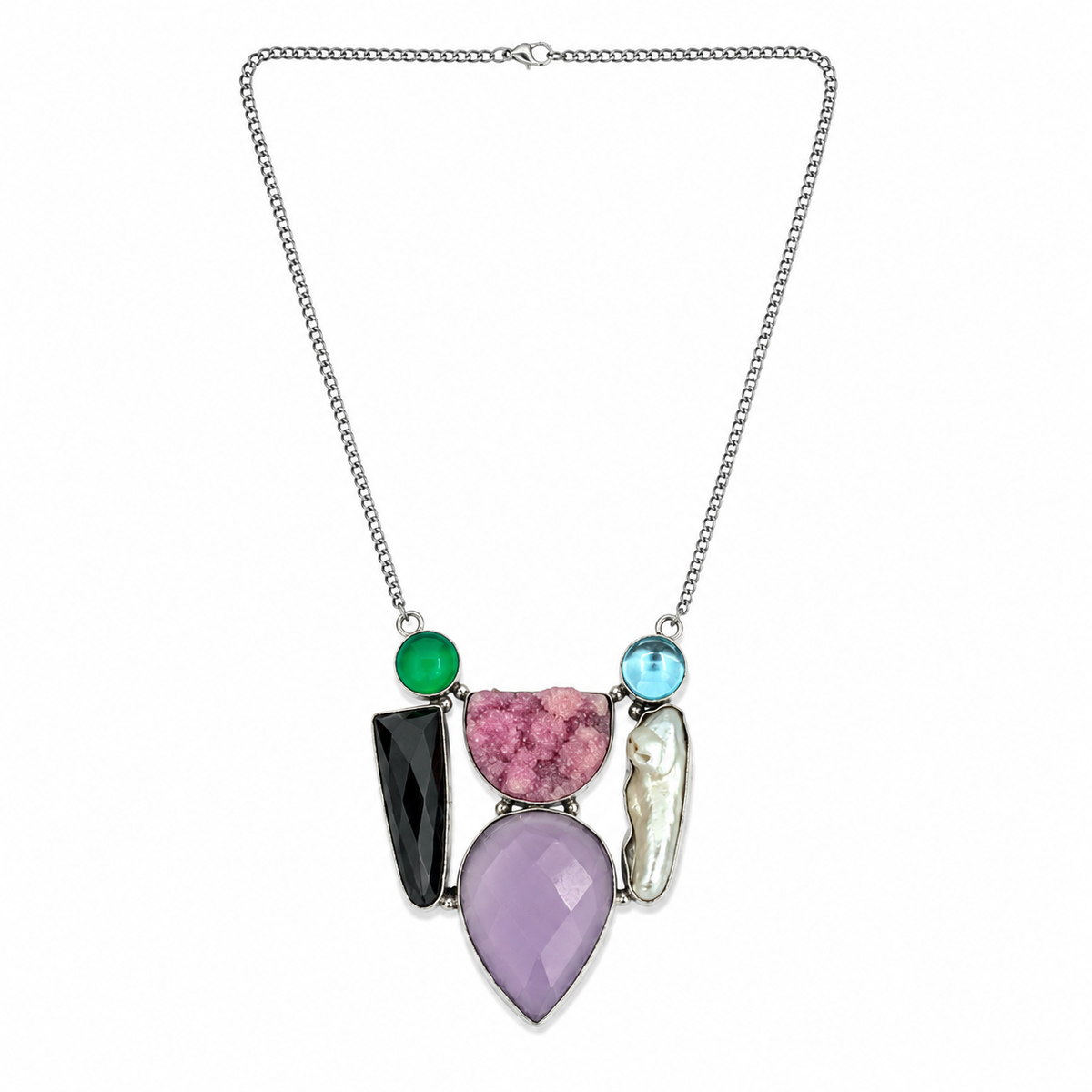 Boho Silver Necklace with Pink Druzy, Amethyst, Onyx and Pearl Stones NEC-4798