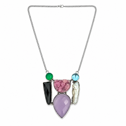 Boho Silver Necklace with Pink Druzy, Amethyst, Onyx and Pearl Stones NEC-4798
