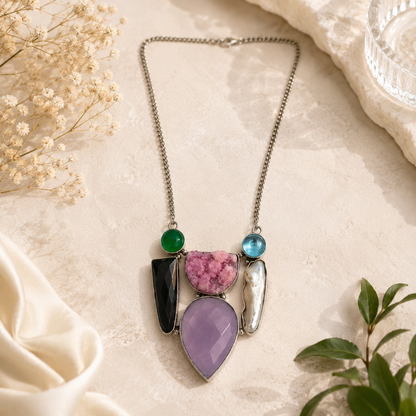 Boho Silver Necklace with Pink Druzy, Amethyst, Onyx and Pearl Stones NEC-4798