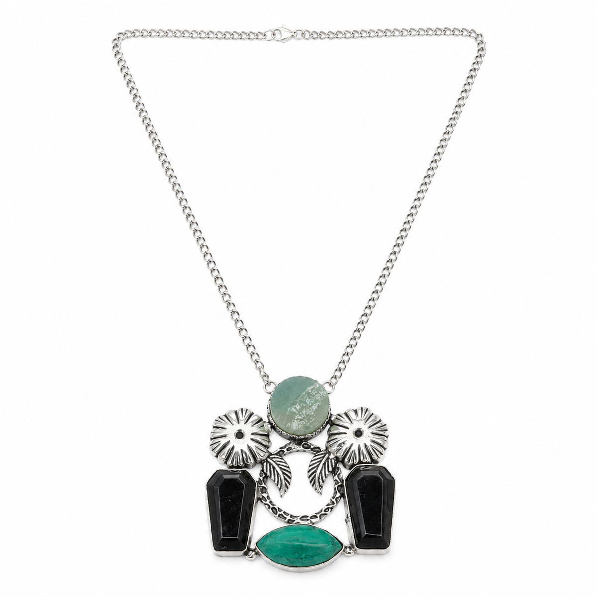 Oxidised Leaf Pendant Necklace With Turquoise and Black Onyx Garba Jewelry NEC-4801
