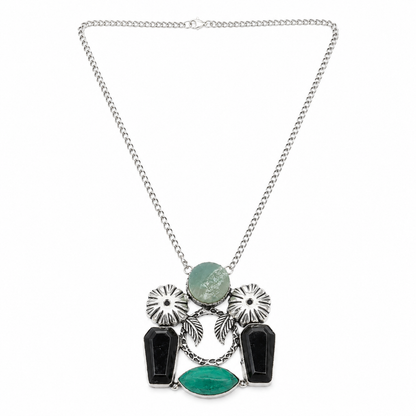 Oxidised Leaf Pendant Necklace With Turquoise and Black Onyx Garba Jewelry NEC-4801