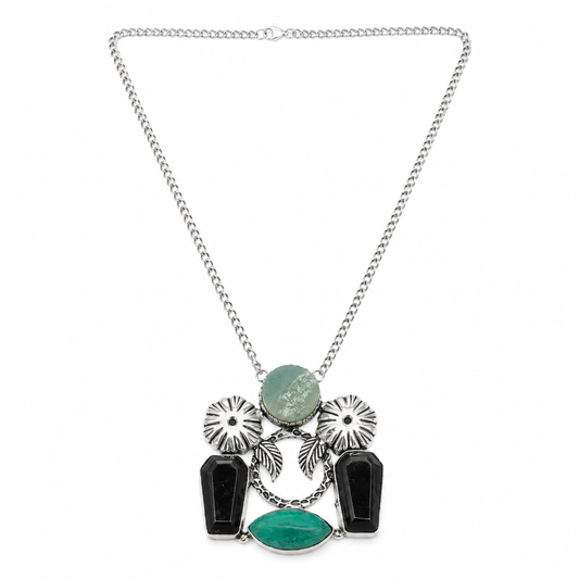 Oxidised Leaf Pendant Necklace With Turquoise and Black Onyx Garba Jewelry NEC-4801