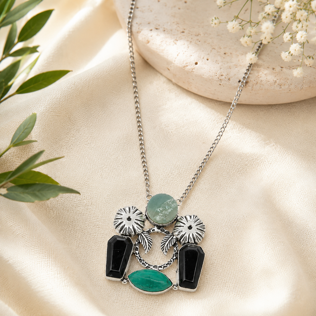 Oxidised Leaf Pendant Necklace With Turquoise and Black Onyx Garba Jewelry NEC-4801