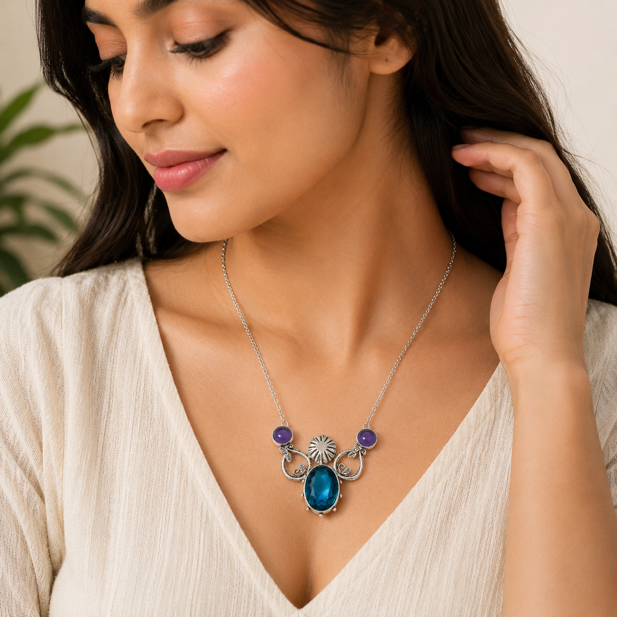 Natural Blue Topaz & Amethyst Statement Necklace Boho Elegant Jewelry NEC-4802