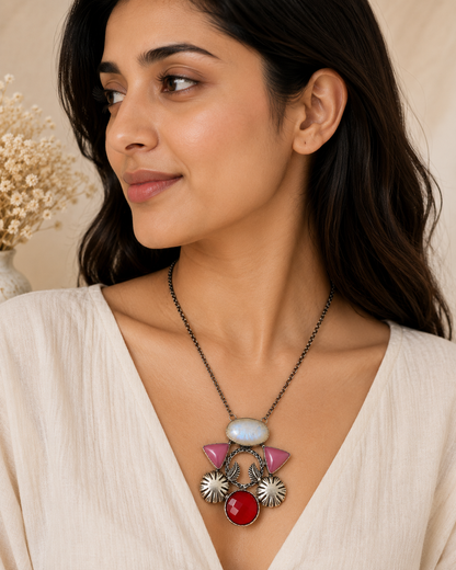 Handcrafted Silver Plated Rainbow Moonstone Statement Necklace Pendant NEC-4803