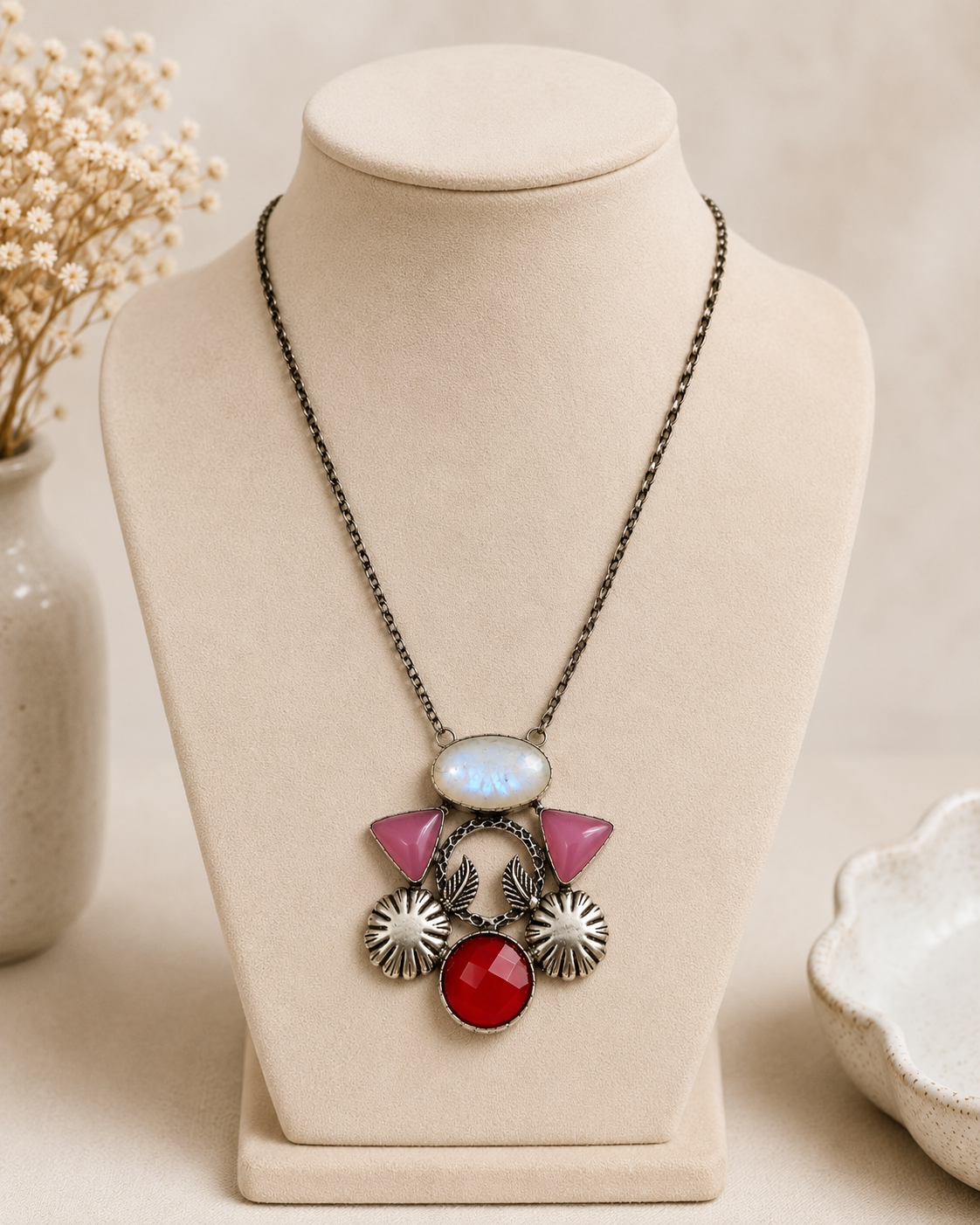 Handcrafted Silver Plated Rainbow Moonstone Statement Necklace Pendant NEC-4803